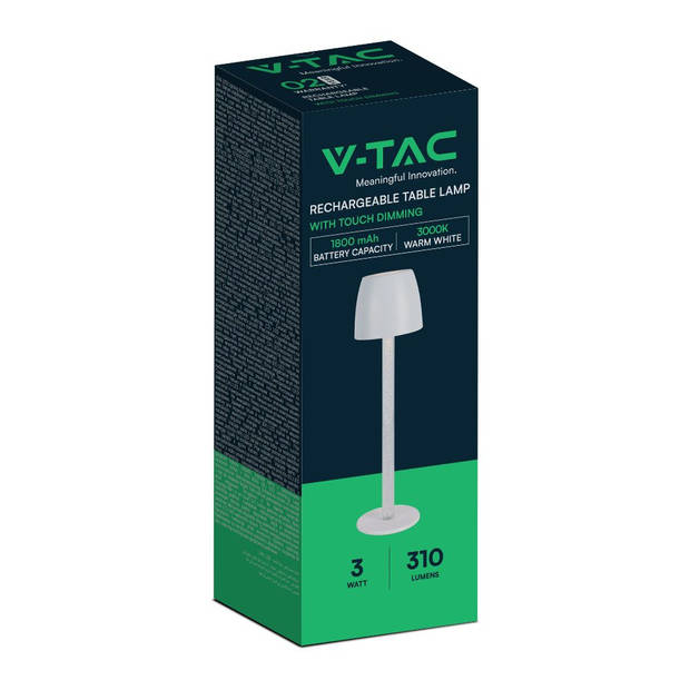 V-TAC VT-7576-W Tafellampen - Oplaadbare Tafellampen - IP20 - Wit - 3 Watt - 310 Lumen - 3000K