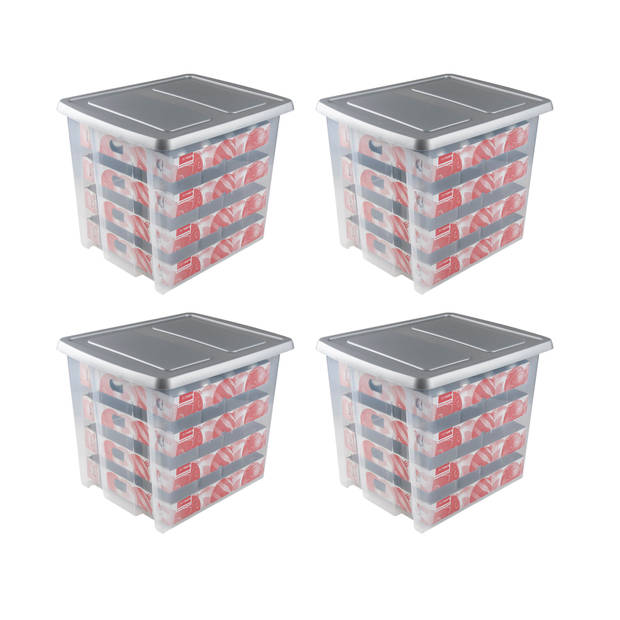 Set van 4 - Nesta kerst opbergbox 45L met trays voor 64 ballen transparant grijs