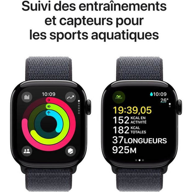 Apple Watch Series 10 GPS - 42 mm - Kast van gitzwart aluminium - Inktkleurige sportband