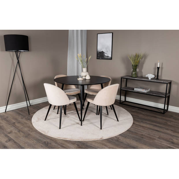 SilarBL100 eethoek eetkamertafel zwart en 4 Velvet eetkamerstal velours beige, zwart.