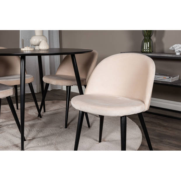 SilarBL100 eethoek eetkamertafel zwart en 4 Velvet eetkamerstal velours beige, zwart.