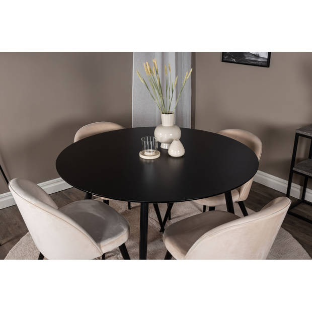 SilarBL100 eethoek eetkamertafel zwart en 4 Velvet eetkamerstal velours beige, zwart.