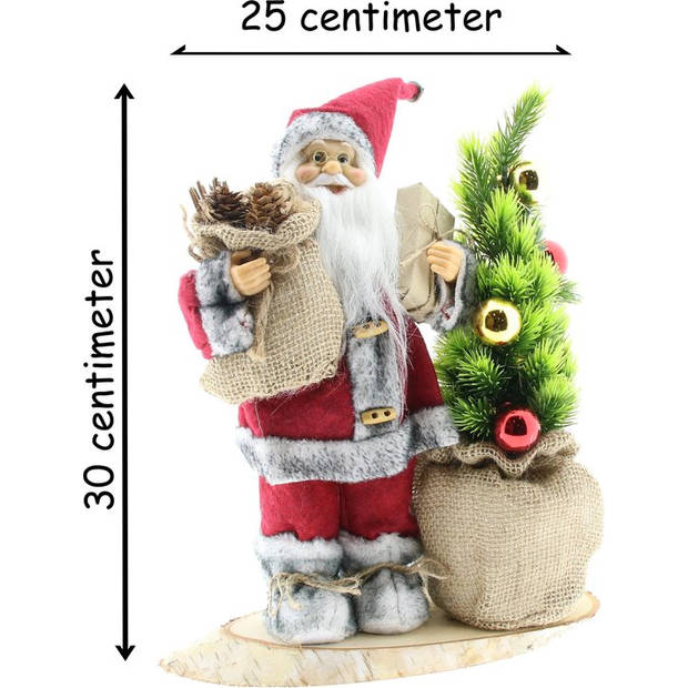 Luxe Afgewerkte Kerst Decoratie Kerstman Staand Naast Kerstboom - Grijs-Rood - 30cm