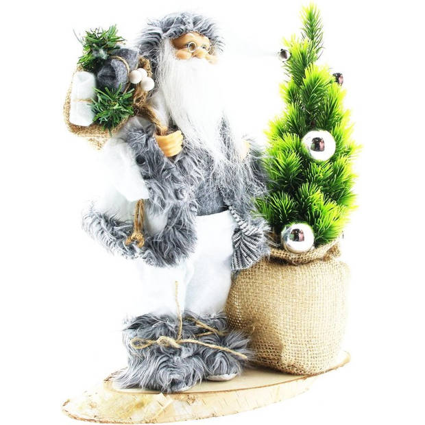 Luxe Afgewerkte Kerst Decoratie Kerstman Staand Naast Kerstboom - Wit-Wit - 30cm