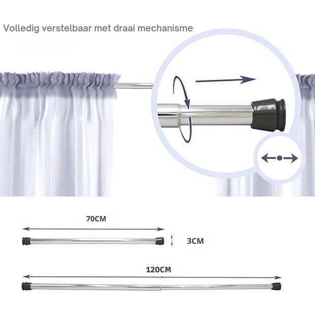 Levivo Douchestang - Gordijnstang - Verstelbaar - Zonder Boren - 70 x 120 cm - Chroom