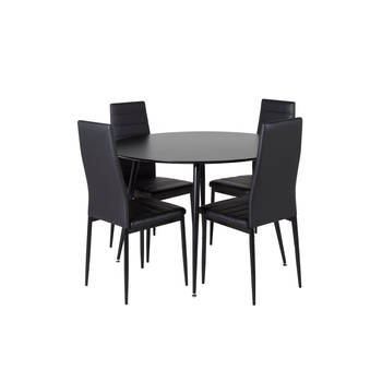 SilarBL100 eethoek eetkamertafel zwart en 4 Slim High Back eetkamerstal PU kunstleer zwart.